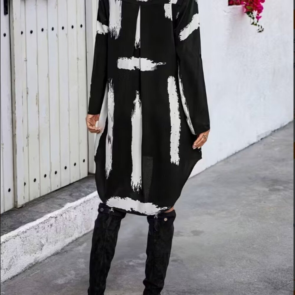 Brush Stroke Print High-Low Dress – V-Neck, Roll-Up Sleeves, Fall Chic - Picture 3 of 3